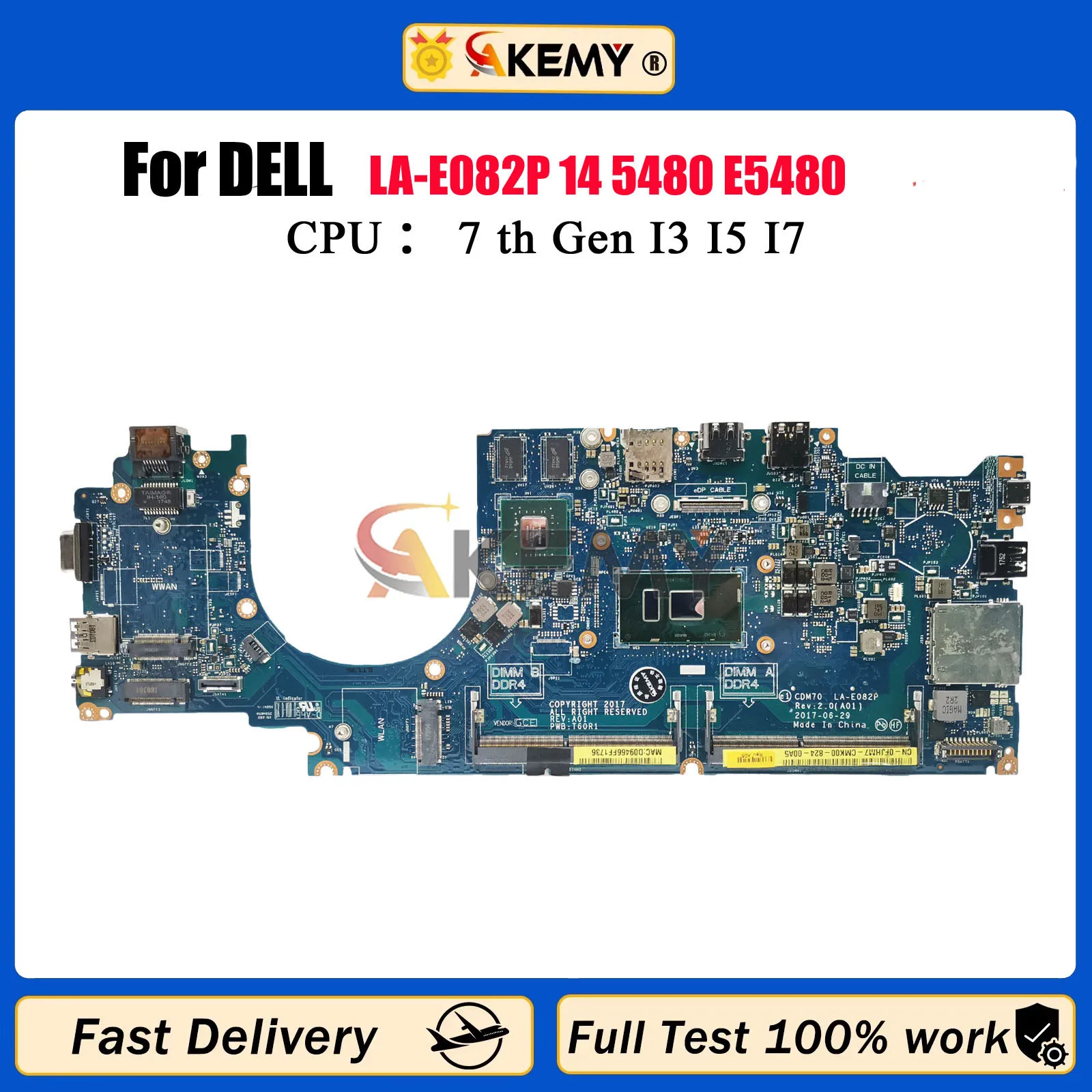 

LA-E082P для ноутбука DELL Latitude E5480 5480, материнская плата CN-0YYRGW 0XDPDM 0X0M92 с процессором i5 i7-6th/7th Gen V2G, 100% протестировано, ОК