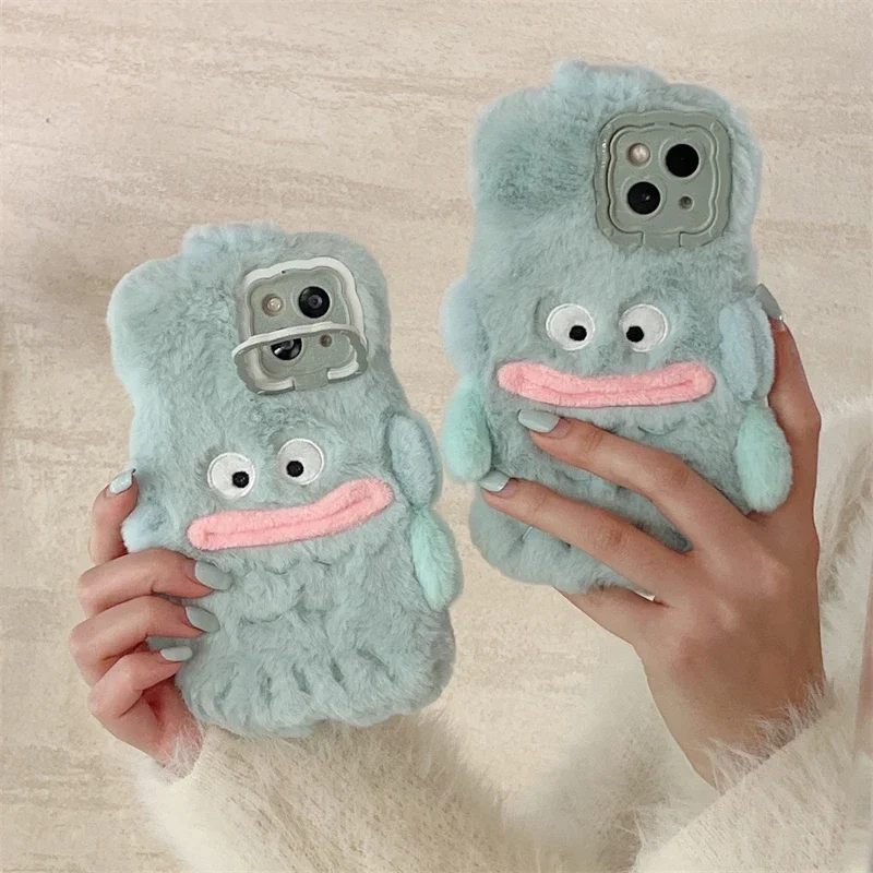 Cute Fish Warm Winter Plush Fur Cover For Huawei P40 P50 P60 Pro Pura 70  Fluff Toy Camera tect Stand Phone Case Cover