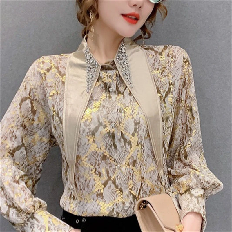 Women Vintage Rhinestone Pointed Collar Designer Party Shirts Spring Autumn Fashion Print Elegant Blouses Long Sleeve Loose Tops