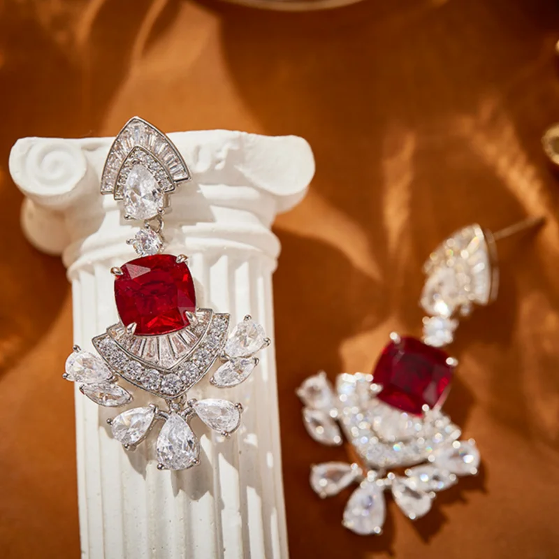 Designer Collection Fashion Style Stud Earrings Women Lady Inlay Drop-shaped Cubic Zircon Synthetic Ruby Tassels Eardrop