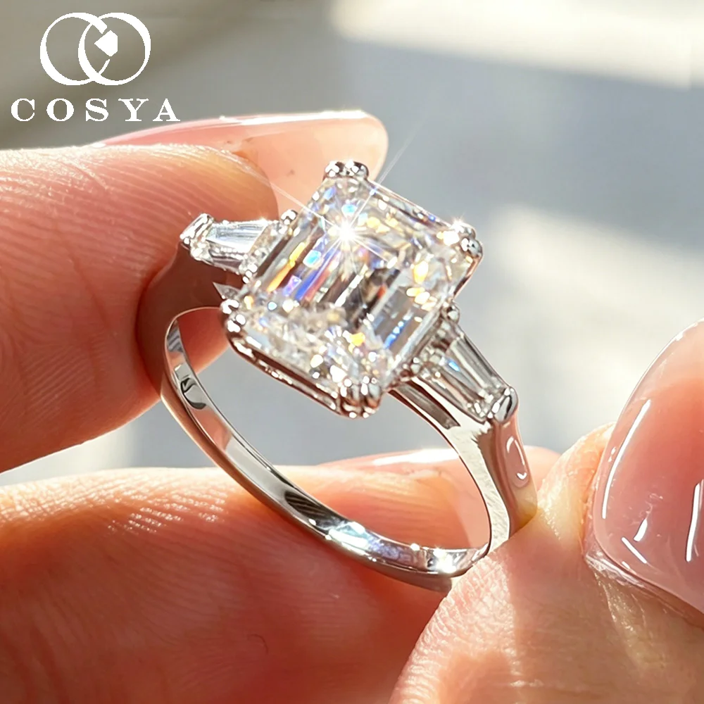 

COSYA 1-4CT Emerald Cut Full Moissanite Ring for Women 3-Stone S925 Sterling Silver Lab Diamond Wedding Band Engagement Jewelry