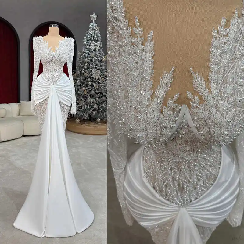 Robe de mariée sirène luxueuse, col en V, perles, robes de mariée élégantes, plis, longueur au sol, personnalisées