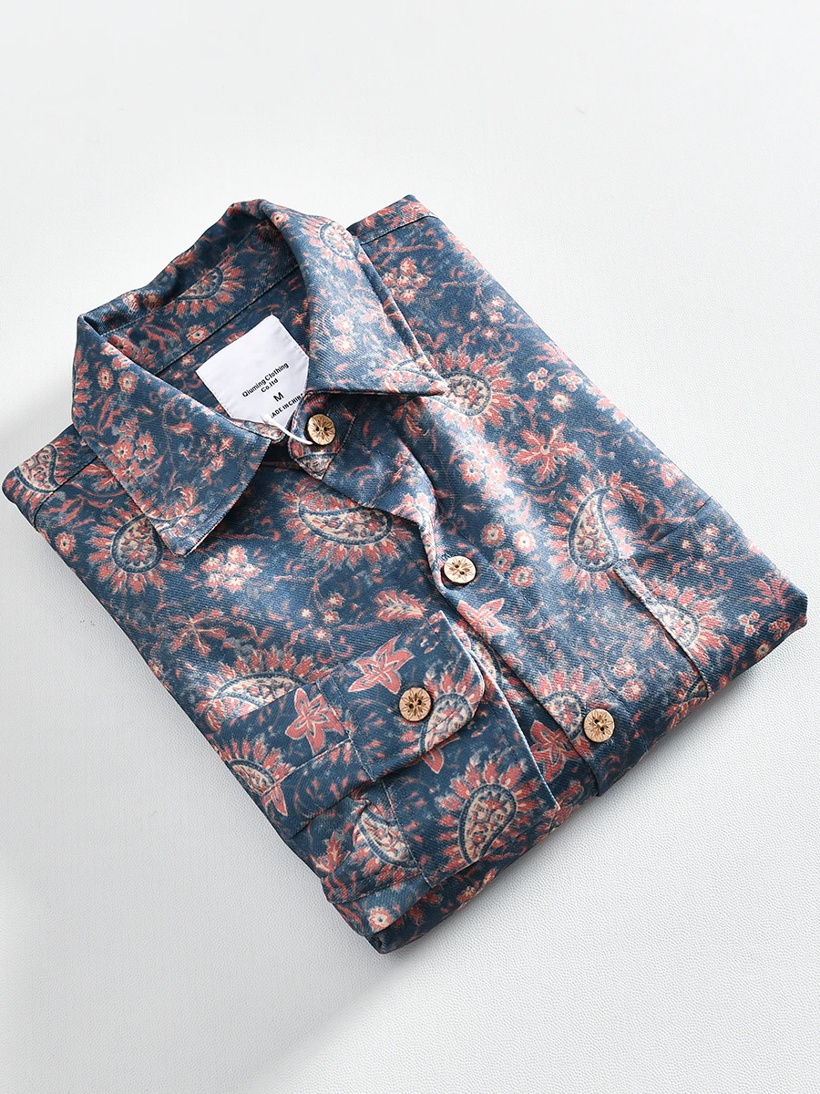 

Retro Long Sleeve Loose Fit Casual Men's Shirt Autumn Fashion Print Walnut Flower Standard Cut Youth Popular Style