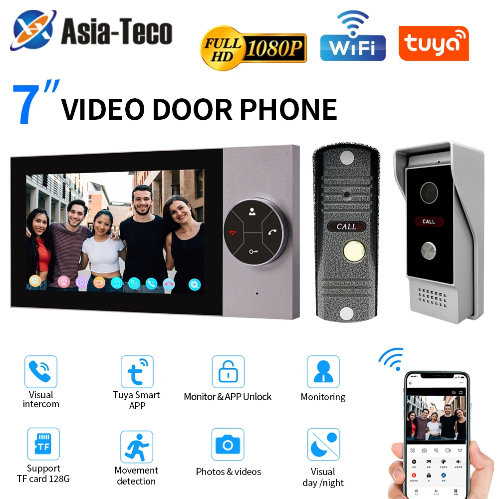 Wifi berkabel Smart Home Video pintu telepon sistem interkom 7 "Monitor layar warna AHD 1080P bel pintu Tuya App Buka kunci kendali jarak jauh