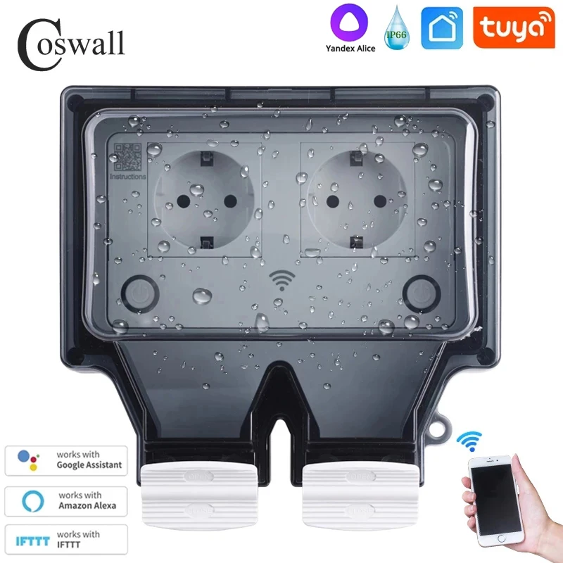 Coswall Tuya Wifi Yandex Alice IP66 Waterproof Single Double EU Socket Timer Switch Programmable Work With Alexa Google Home