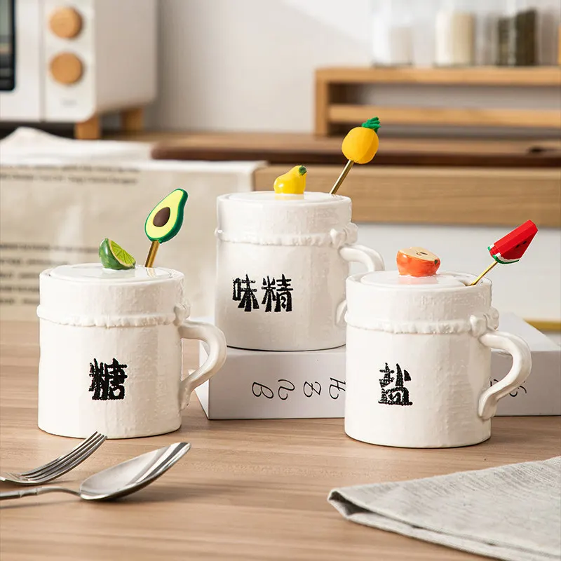 285ml Cute Ceramic Spice Jar with Lid & Fruit Decor Spoon White Textured Seasoning Container for Salt Sugar Monosodium Glutamate