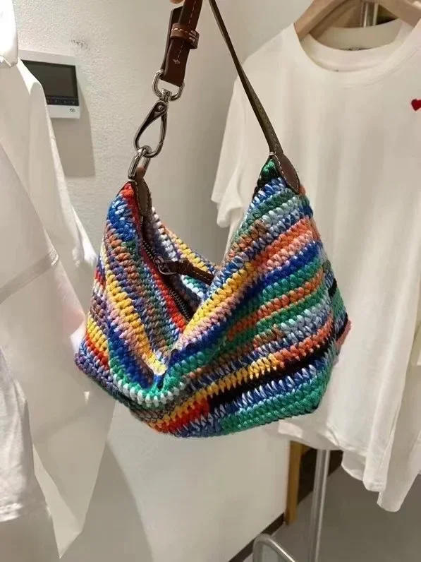 Bolso de mano tejido con arcoíris para mujer, cartera de mano a la moda, monederos informales, tendencia 2024