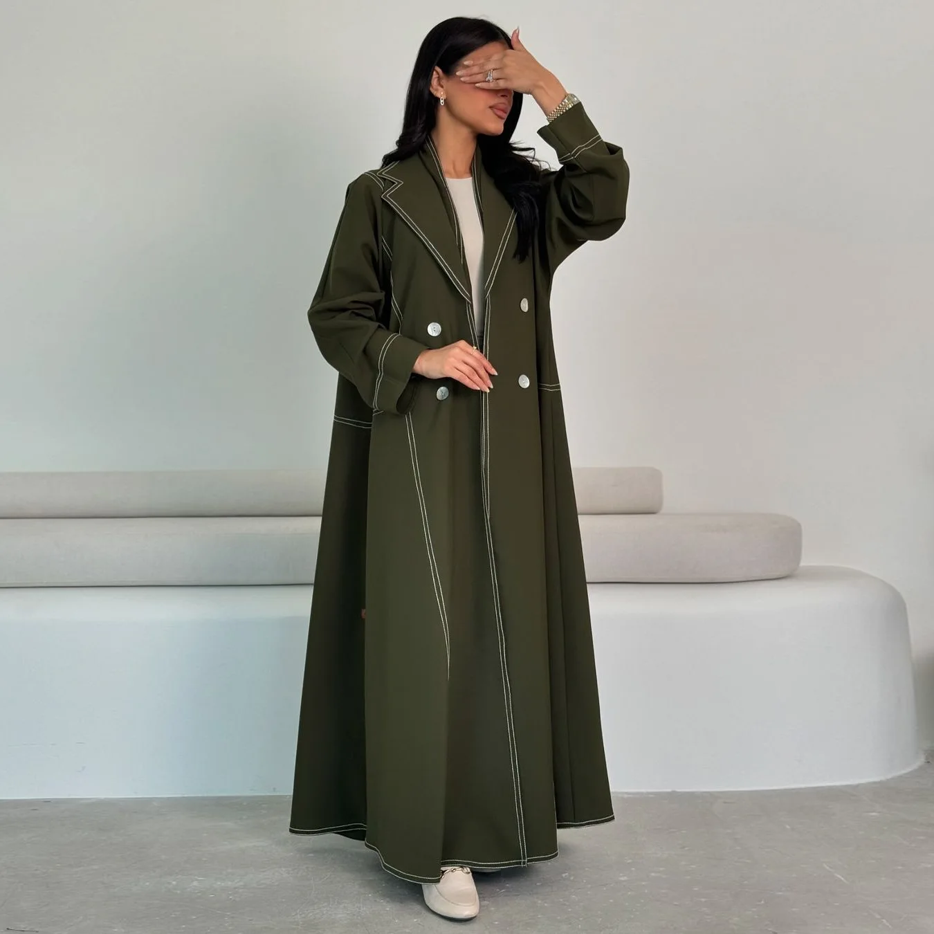 Muslim Robe Windbreaker Coat Double Breasted 2025 Spring and Autumn New Fashion Long Button Commuter Abaya Muslim Dresses