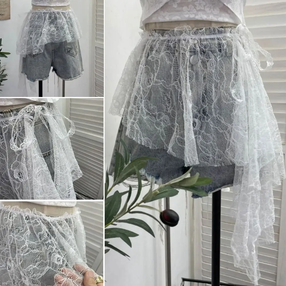 

Embroidered Flower Lace Mini Skirt Irregular Y2K Streetwear Ruched Skirts See Through Lace-up Design Pleated Skirts