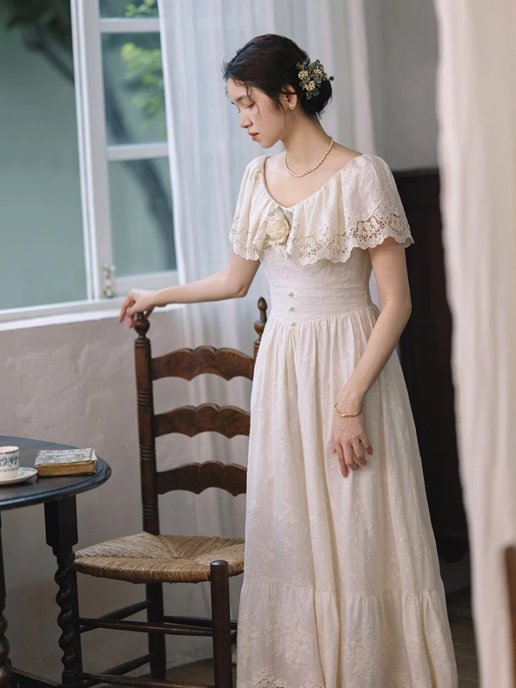 AIGYPTOS Summer Maxi Dress For Women Vintage Victoria Elegant Slim Sexy V-Neck Luxury Embroidery Long Dress Lace Wedding Dress