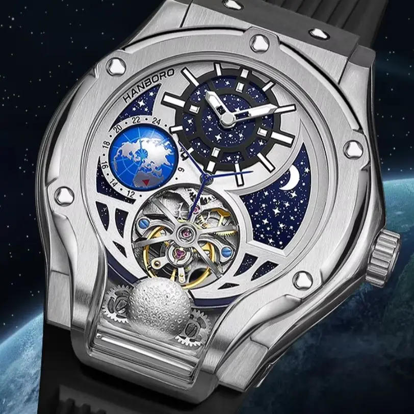 HANBORO Men Automatic Watch 44mm Mechanical Wristwatch 50M Waterproof Luminous Skeleton Flywheel 24-Hours Rotatable Earth Dial