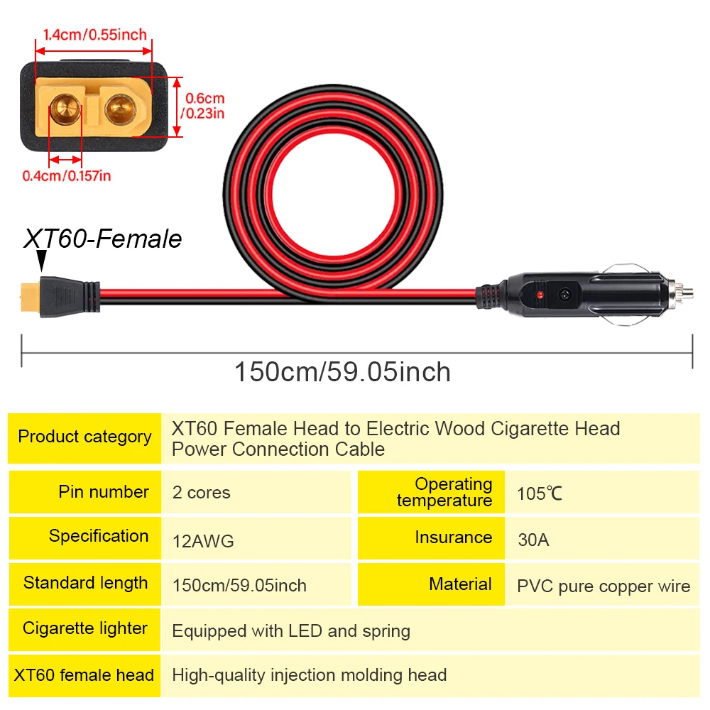 12AWG 150cm/5Ft XT60 Female to Car Cigarette Lighter Cable for cars RV ships outdoor mobile power household battery chargin