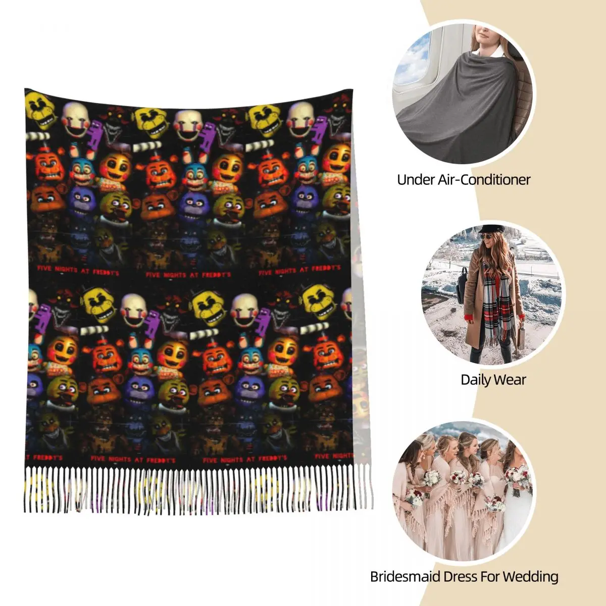 وشاح FNAF من Five N Ights At Freddy's أوشحة شرابة للسيدات شالات دافئة ناعمة ويلتف شال كبير للخريف والشتاء