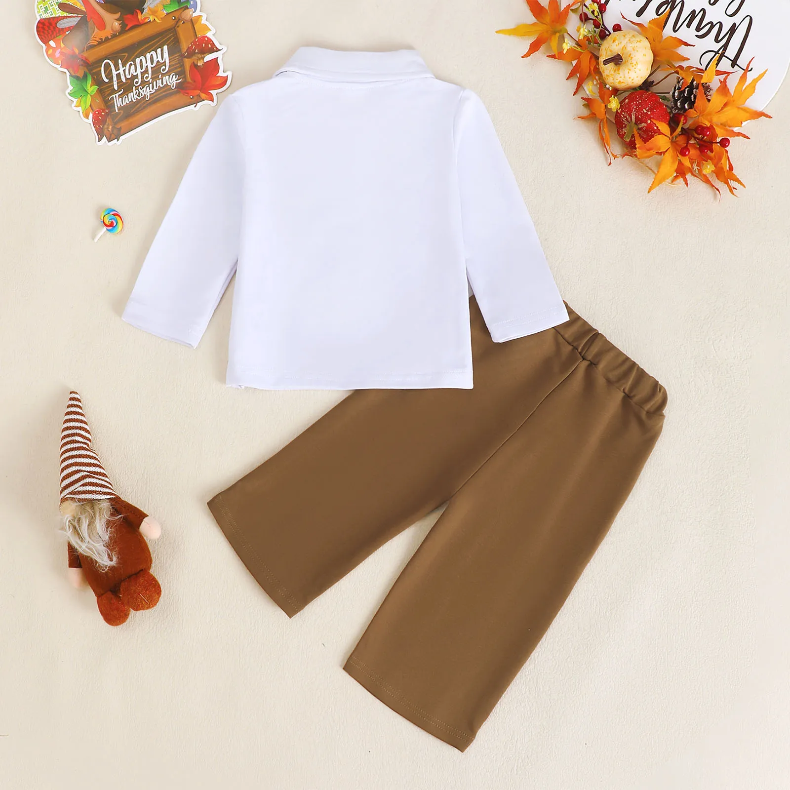 Infant Boys Thanksgiving Turkey Pattern Turn-down Collar Long Sleeve Outfit Set