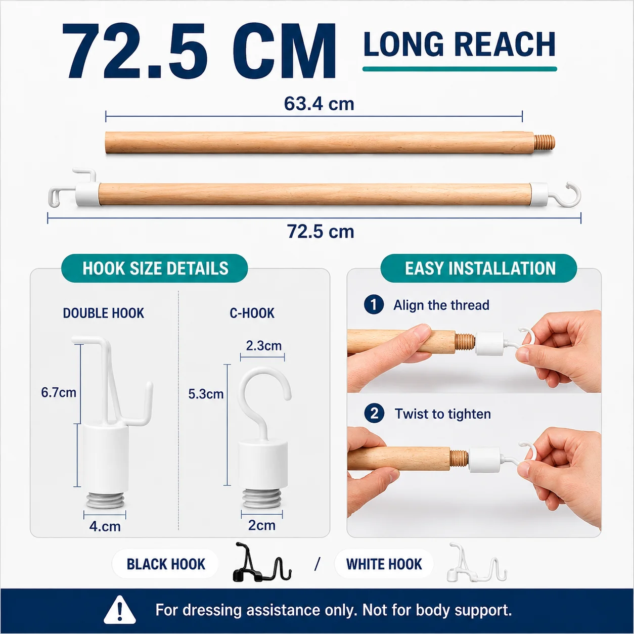 2-in-1 Dressing Stick with Shoe Horn & Sock Aid Detachable Wooden Dressing Stick Mobility Aid for Elderly, Post-Surgery Recovery view 6