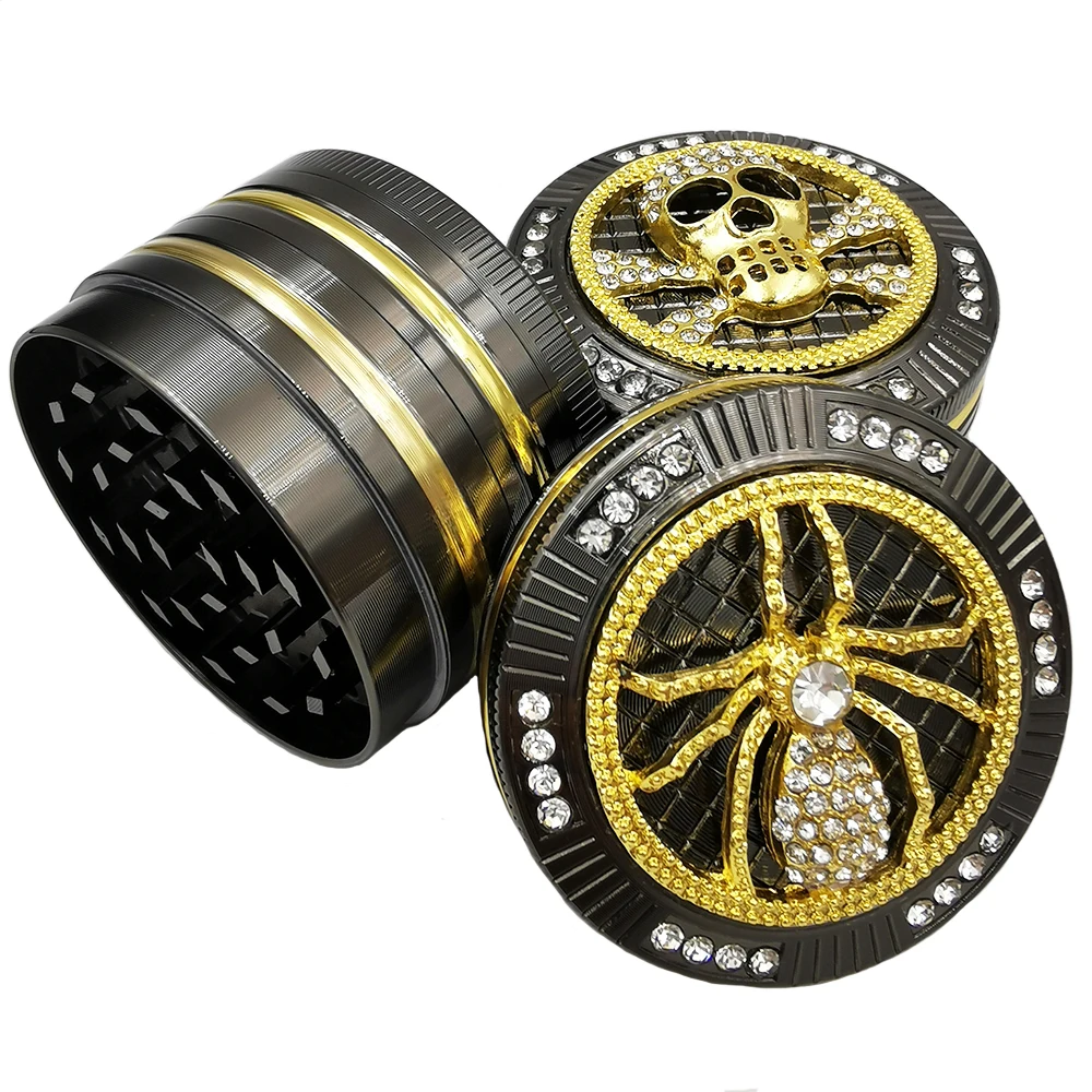 Spider Diamond 4-Layers Tobacco Herb Grinder Herbal Metal Golden Black 52mm Zinc Alloy Herb Smoke Crusher Cigarette Accessories