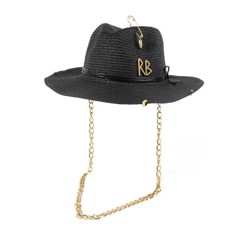 2026 New Women's Chain Design Wide Brim Straw Hat, Spring Summer Sun Hat, Beach Hat with Brooch, UV Protection Visor Cap