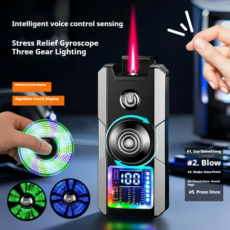 Sprachgesteuerte Zündung, winddicht, rote Flamme, Gyroskop-Feuerzeug, visuelles Gasfenster, Farblicht, Butan-Gas-Feuerzeuge, USB-Zünder