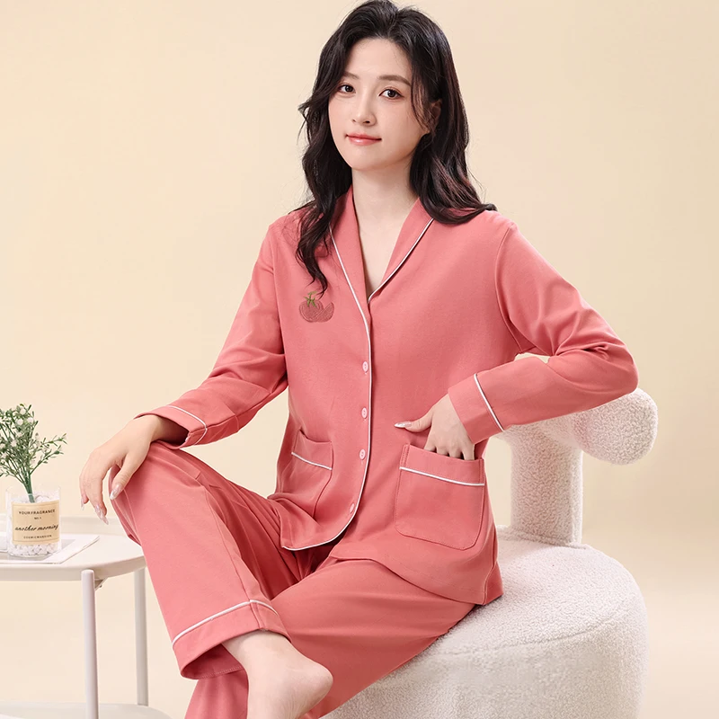 

Autumn Full Cotton Soild Lapel Tops + Long Pants 2pcs/set Pajamas Set For Women Spring Simple Sleepwear Female Pyjamas M-4XL