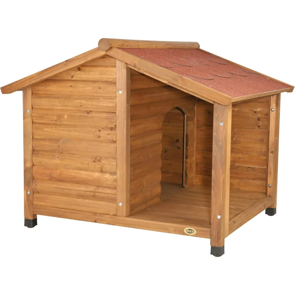 natura Lodge Dog House, Covered Porch, Hinged Roof, Adjustable Legs, Brown, Medium