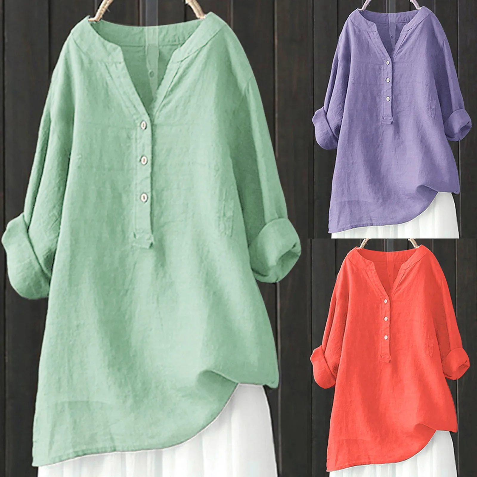 Solid Colors Cotton Linen Shirts Casual Loose Blouse Oversize Long Sleeved V Neck Tops Women Plus Size Clothing Spring Tunic