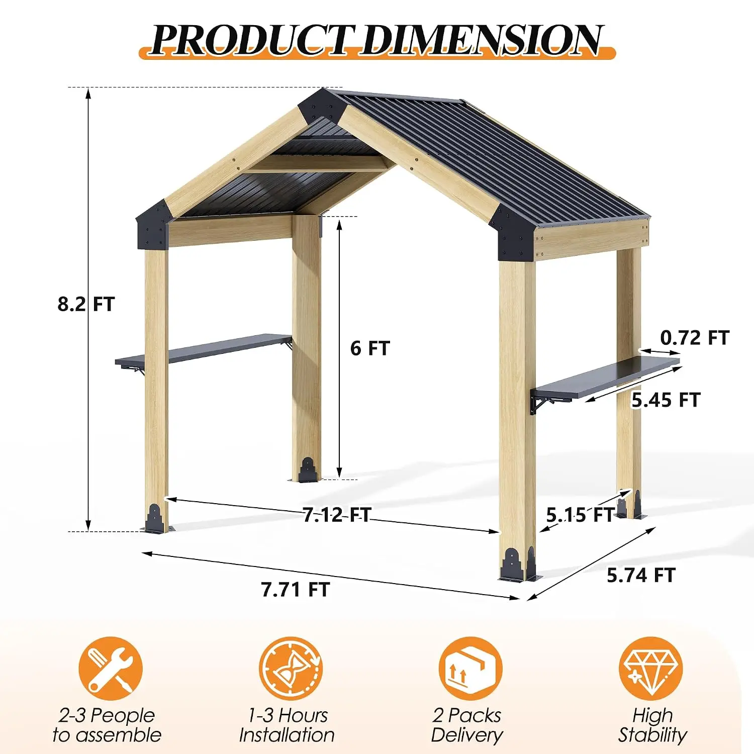 7.7'x5.7' Outdoor Grill Wood Gazebo | Hardtop Gazebo with 2 Side Shelves and Galvanized Steel Roof, Patio Wooden, Customized