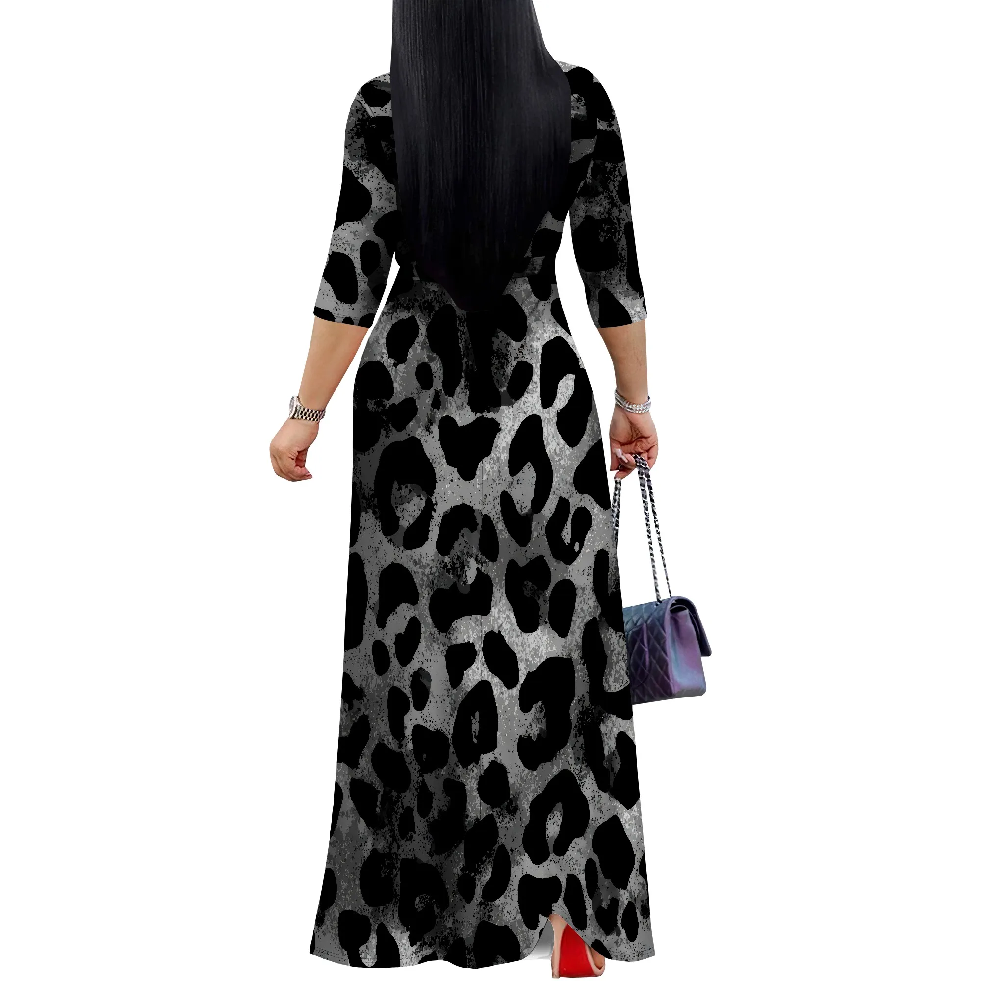 Abiti lunghi da donna con stampa floreale estivi con tasche Abito lungo casual con maniche a 3/4 e scollo a V e cravatta in vita