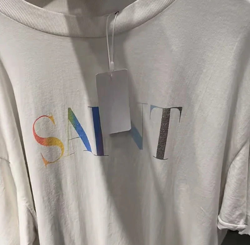 White Breathable Cotton Colorful Rainbow Letter Logo Round Neck Short Sleeve Saint Tshirts Summer Men Women Casual Street Outfit
