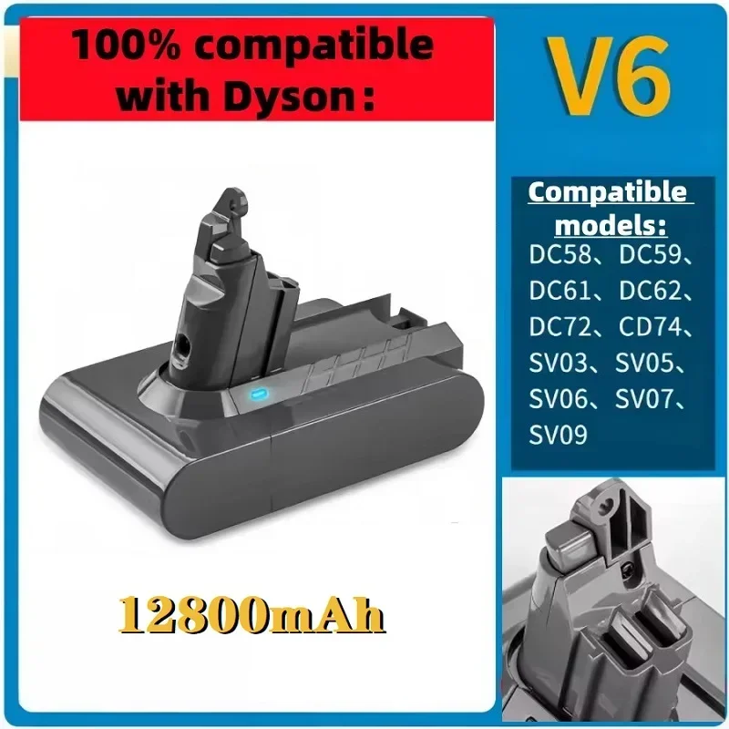 Batterie de remplacement Daweikala V6, 21,6 V, 12 800 mAh, batterie lithium, compatible avec l’aspirateur sans fil Dyson V6 Absolute Fluffy Animal, batterie rechargeable à haute capacité, protection contre la surcharge et la surchauffe, installation facile, batterie de secours durable pour aspirateur.