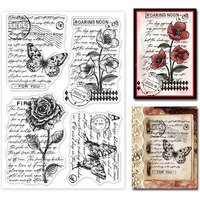 1Sheet Vintage Floral Clear Stamp Art Words Transparent Silicone Stamp Butterfly Rose Rubber Stamp for Scrapbook Journal Card