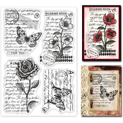 1Sheet Vintage Floral Clear Stamp Art Words Transparent Silicone Stamp Butterfly Rose Rubber Stamp for Scrapbook Journal Card