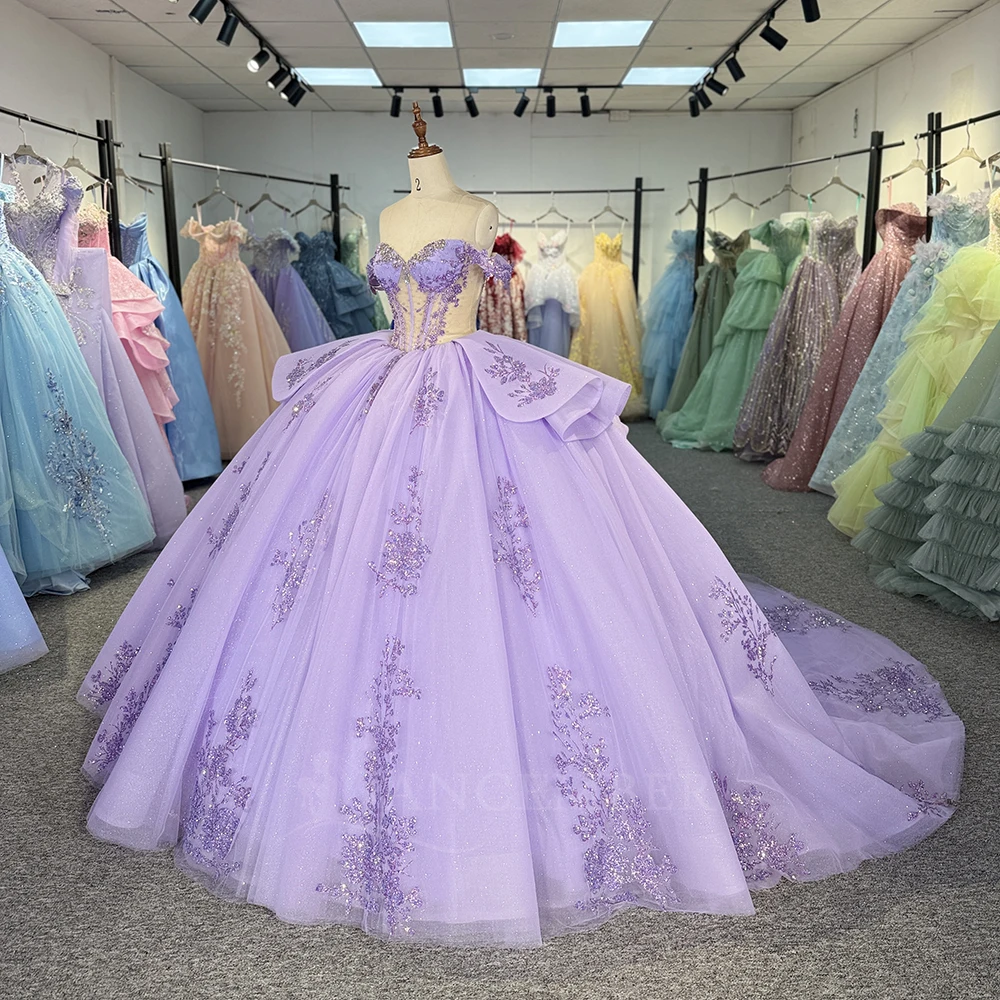 Quinceañera Dress Lavender Off the Shoulder Lace Applique Corset Princess Ball Gown Vestido de Quinceañera