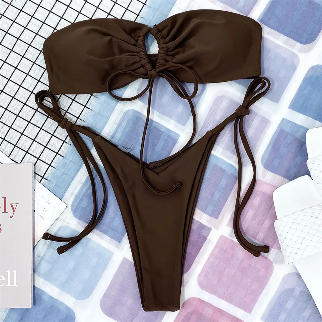 Bandeau-Mikro-Tanga-Bikini, Damen-Badeanzug, zweiteiliges Bikini-Set, trägerloser, hoch geschnittener Badeanzug, Badebekleidung, Modell V3040. – Detail 36