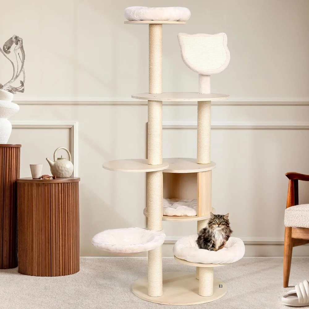 

KAMABOKO 64" Tall Cat Tree - Wooden Cat Trees Tower with Cat Condo, Hammock & Top Perch, Modern Tall Cat Tree w/Natural Sisal Po