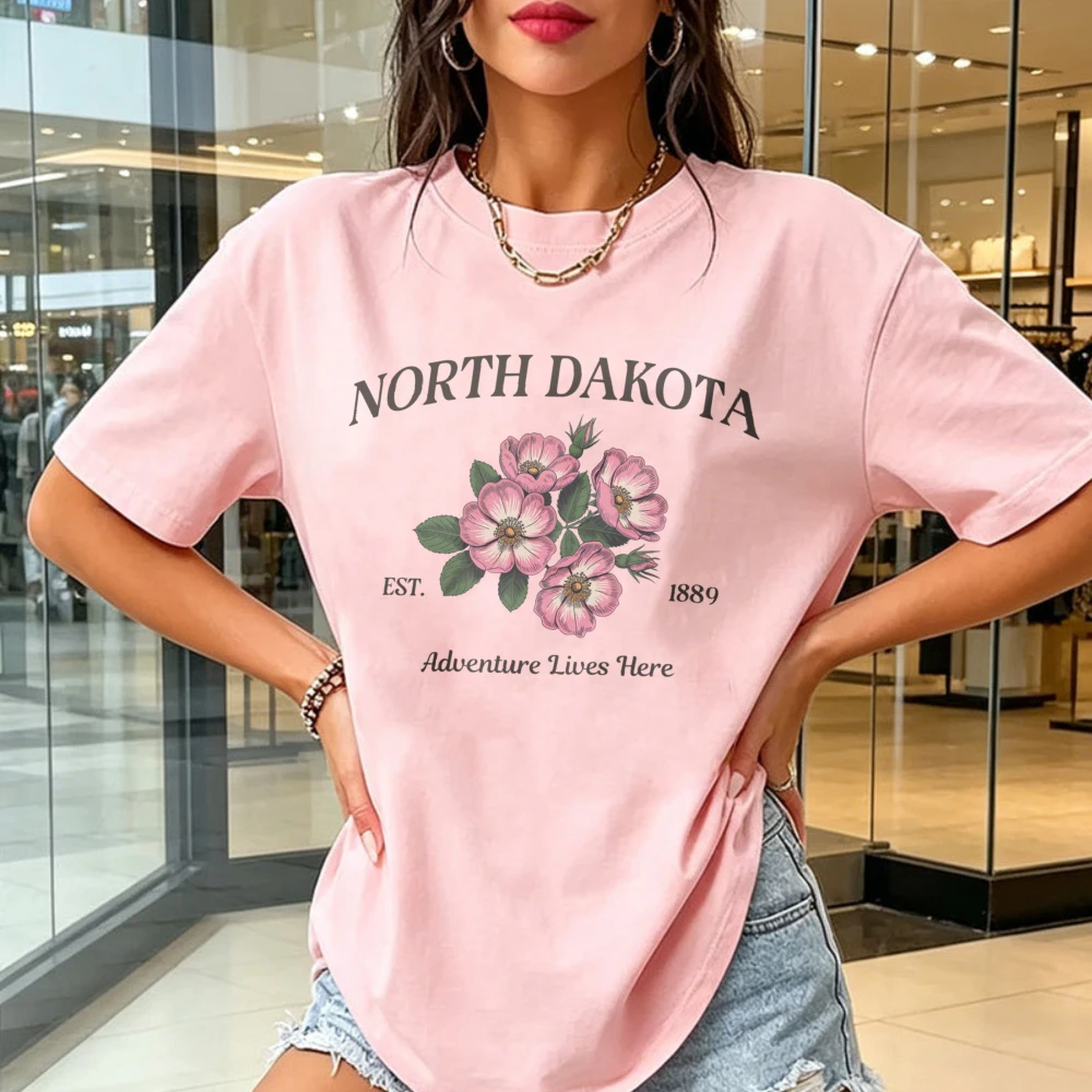 North Dakota Prairie Rose Shirt Retro State Flower Cotton Tee Nature Road Trip Graphic Shirt Scenic Travel Lover Casual Tops