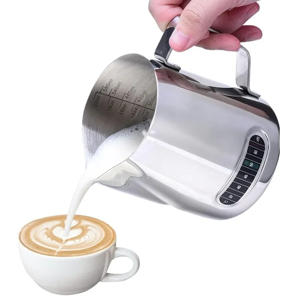 12/20oz Milk Frothing Pitcher Temperature Display with Measurement Stainless Steel Milk Frother Pitcher Jug Cup for Latte Art