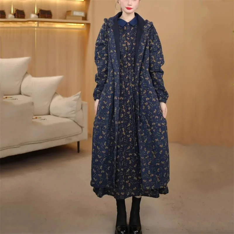 

Floral Velvet Thickened Mid-length Windbreaker Jacket for Women's Spring Autumn Winter New Casual Coat Warm Outerwear Female