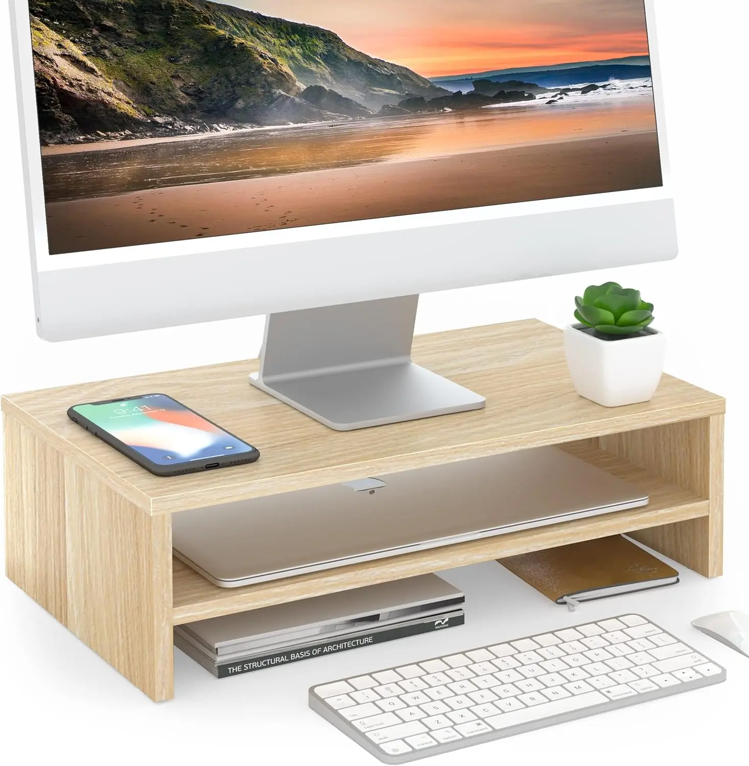 

2-Tier Wood Monitor Stand with Riser Shelf for Laptop and Desktop, Ergonomic Desk Organizer