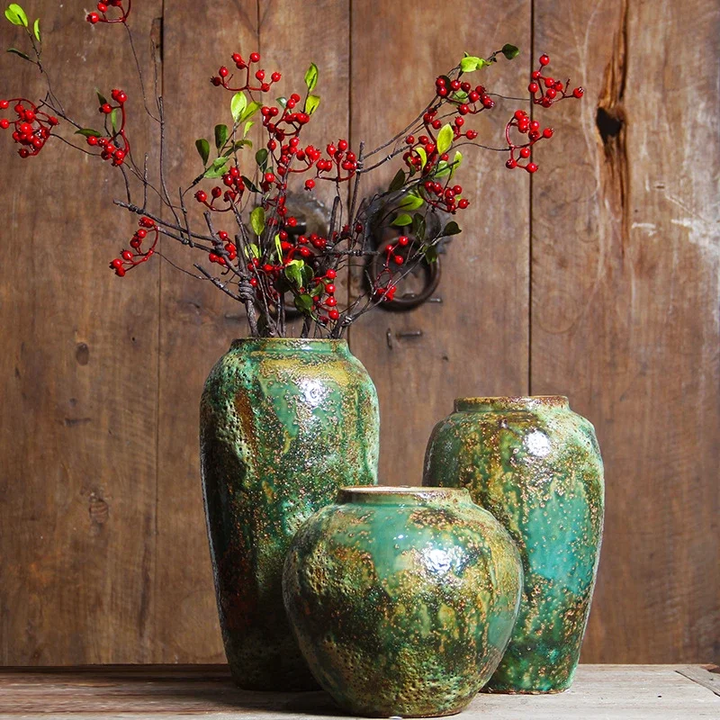 Vintage Distressed Coarse Pottery Vase Antique Hydroponic Ceramic Vase Luxury Living Room Bogu Shelf Home Art Decoration