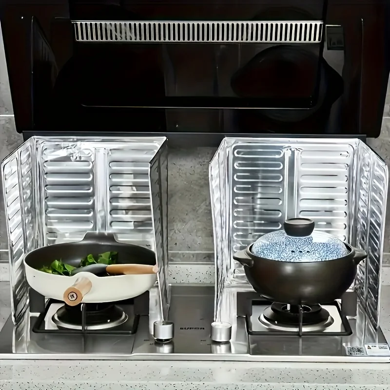 2Pcs Foldable Aluminum Foil Kitchen Splatter Guard Stove Oil Splash Shield Reusable Gas Cooktop Baffle Anti-splash Cooking Prote