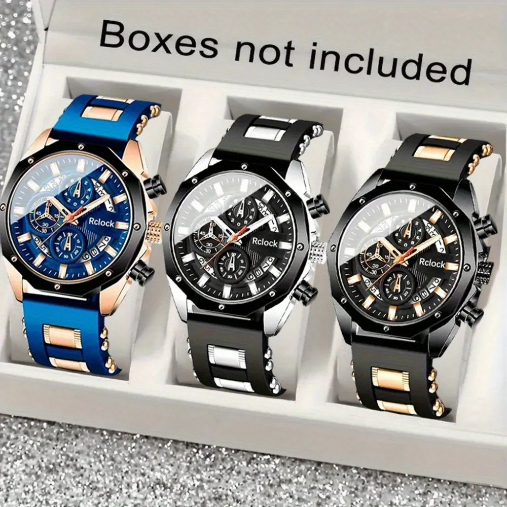 

[Кварцевые часы для мужчин] Набор мужских часов из 3 шт./компл., модные аналоговые мужские часы с круглым циферблатом и тремя глазами, лучший праздничный подарок,