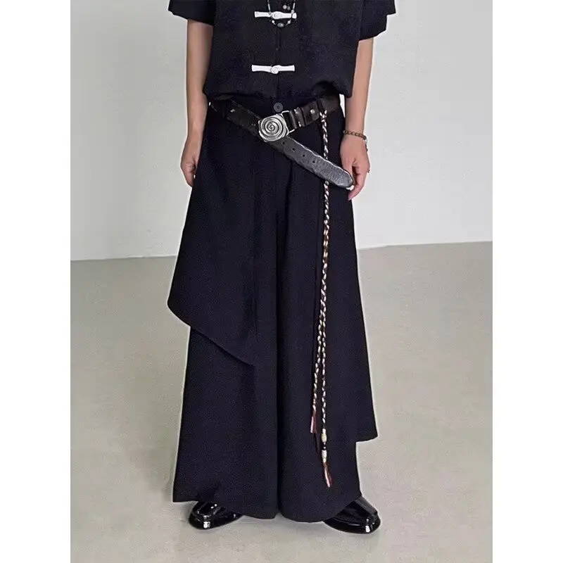 Men Asymmetric Layered Wide Leg Skirt Pants Loose Fit Draped Flowing Trousers Japanese Avant Garde Streetwear Fashion Pants