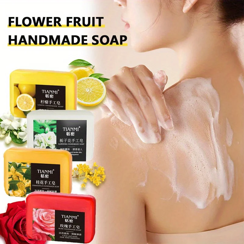 

4-piece fruit and flower-scented shower gel bar set, featuring 4 different fragrances including rose and lemon.Deep cleansing