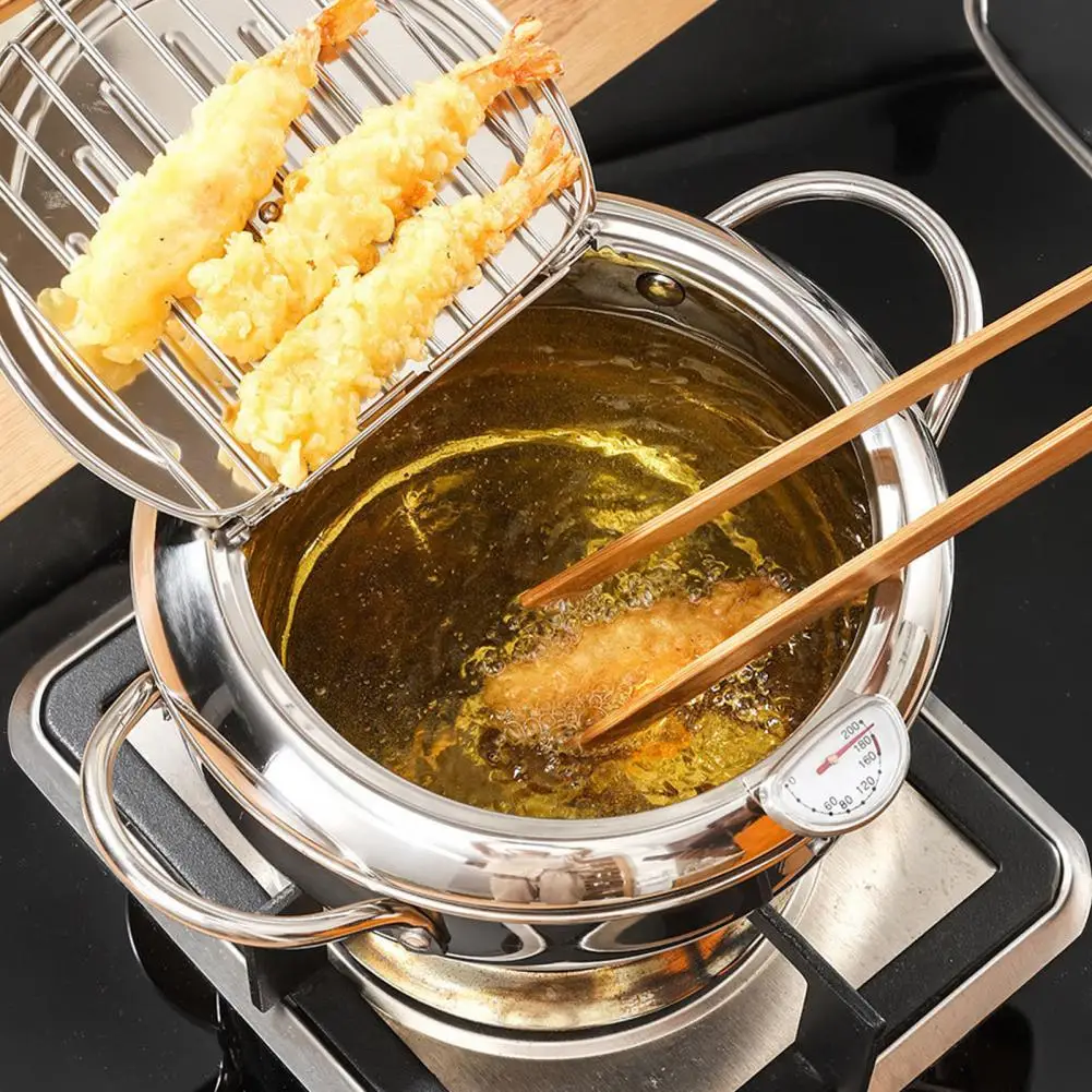 Tempura Frying Pot 304 Stainless Steel Fryer Pot with Oil Thermometer Splatter Lid Drain Rack – Frying Cookware for Induction