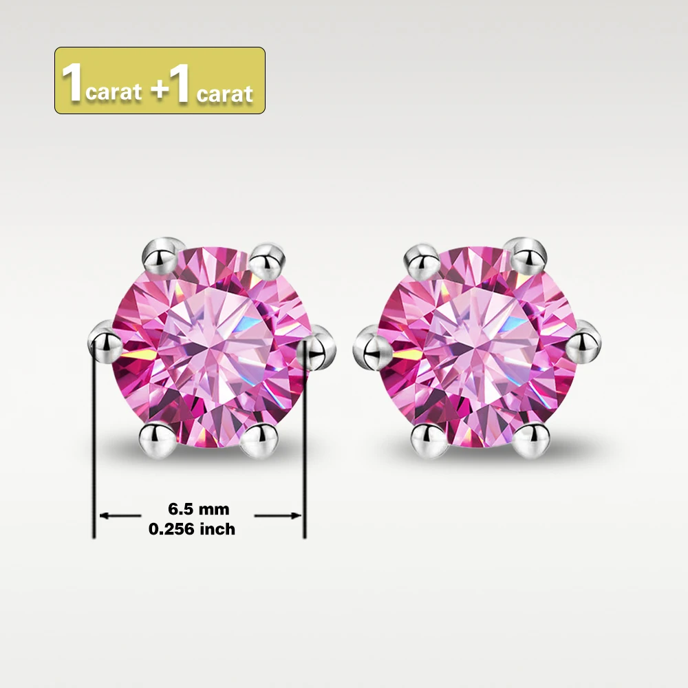 GRA 6.5mm/1ct Certified S925 sterling silver six-prong stud earrings Round Pink Moissanite earrings for women fine jewelry