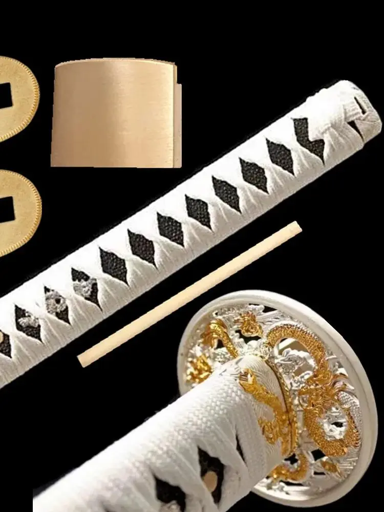 A Set Alloy Dragon Tsuba+Menuki+Fuchi+Kashira+Handle+Habaki+Seppa 26cm White Tsuka For Japanese Samurai Katana Sword Fittings