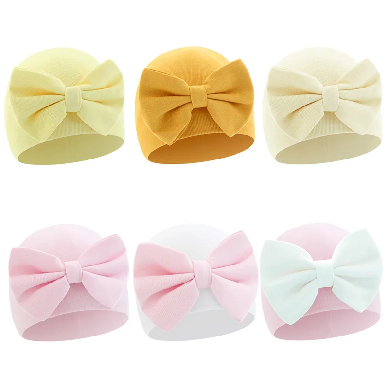 

Big Bows Baby Girls Hat Soft Cotton Newborn Beanie All Seasons Infant Hats New Bown Accessories Shower Gifts 3Pcs/lot 0-6M
