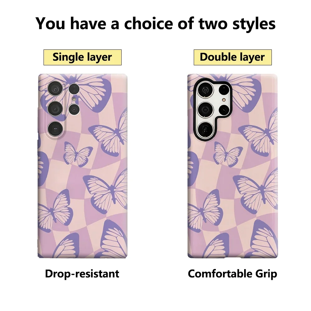 حافظة هاتف على شكل فراشات أرجوانية لهاتف سامسونج جالاكسي S25 Ultra S24 S23 Ultra Plus غطاء خلفي لامع بطبقة مزدوجة #2