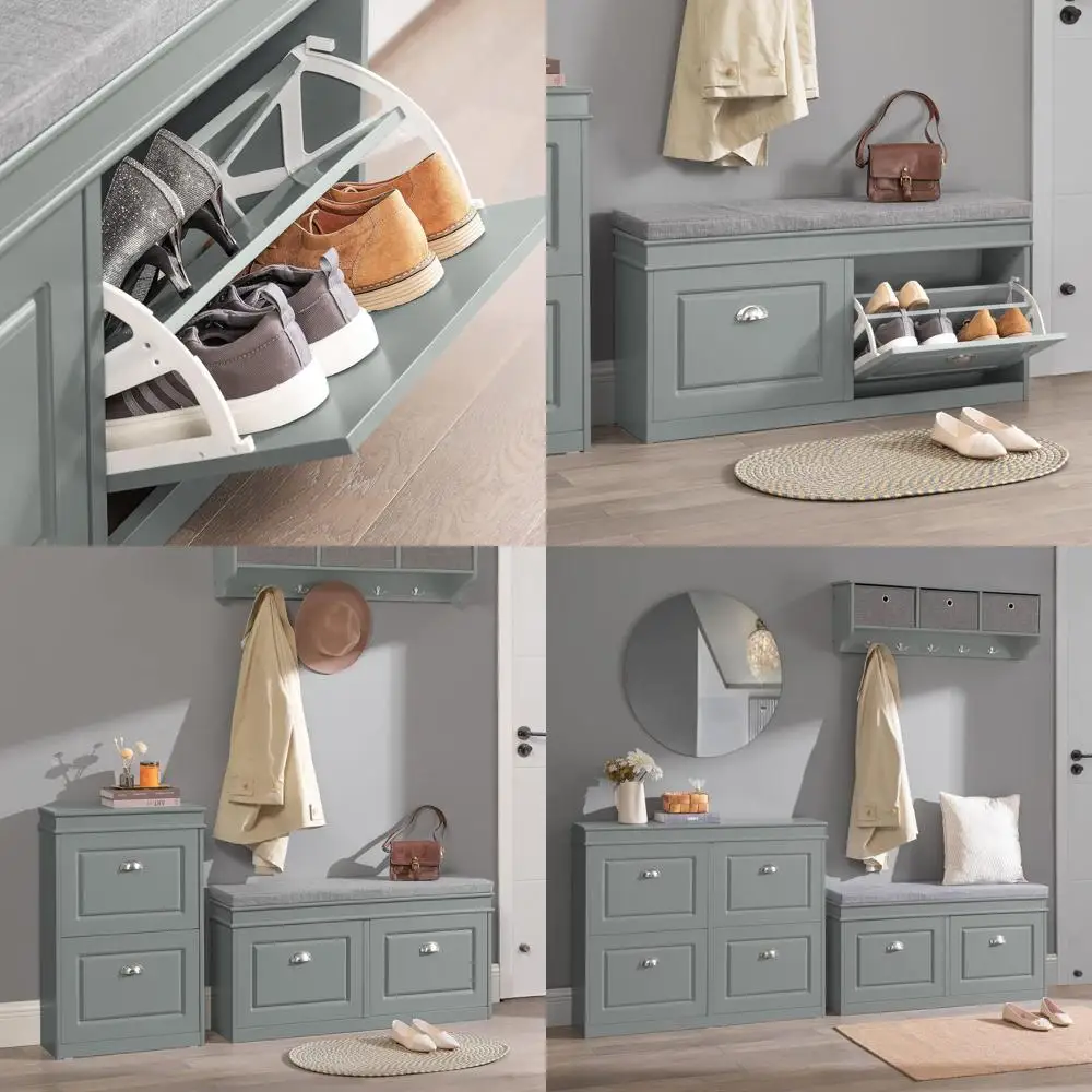 

Haotian Grey Скамья для хранения обуви с двумя откидными ящиками и мягкой подушкой сиденья, органайзер для обуви в прихожей, скрытый ш