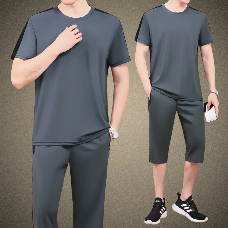 

2023 New Arrival Men's Ice Silk Short Sleeve T-shirt+Cropped Trousers 2PC Set Solid Shirt+Capri Pants Men Home Suits Male M-5XL